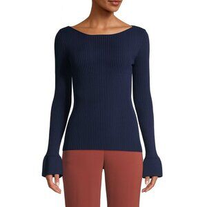 NWOT Theory Ribbed Top Boatneck Sweater with Bell Sleeves Navy Size S $375